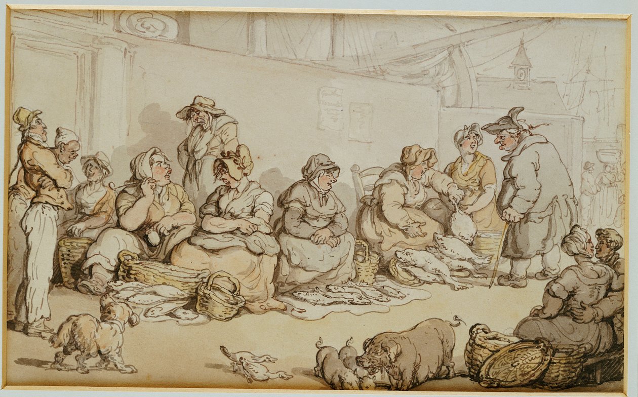 De vismarkt, Grimsby door Thomas Rowlandson