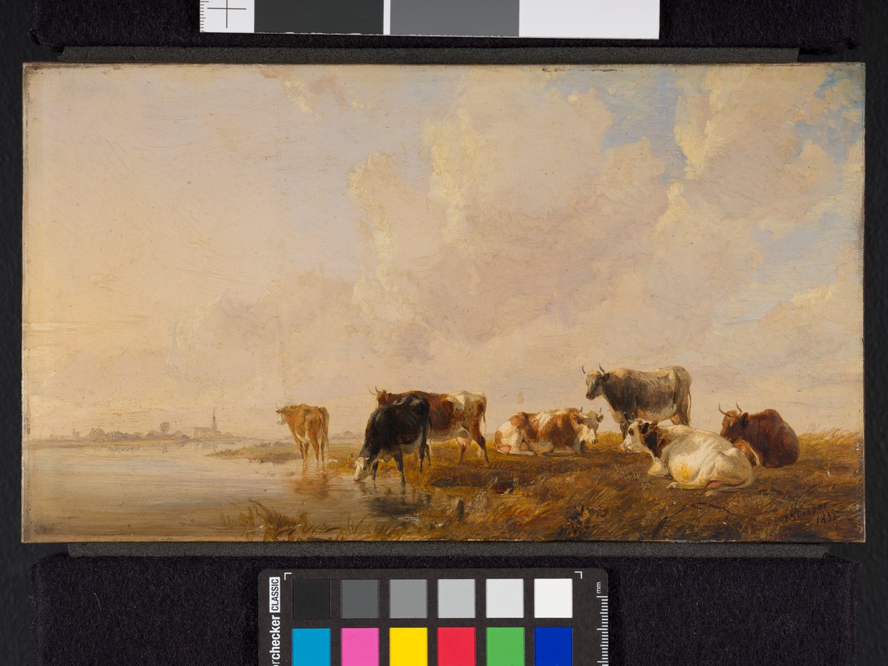 Vee bij een rivier door Thomas Sidney Cooper