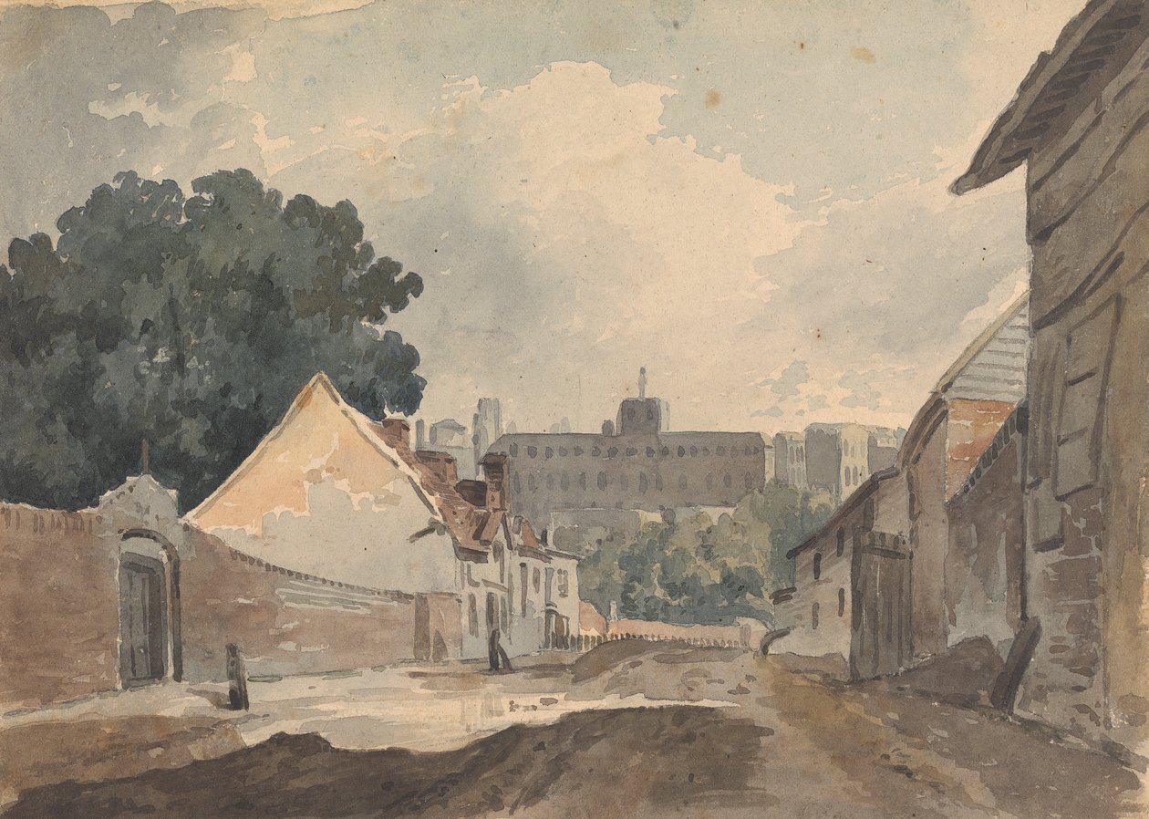 Straatscène, omzoomd met gebouwen door Thomas Sully