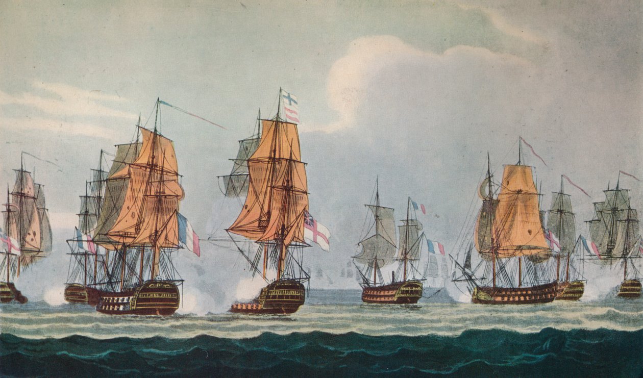 Strachans actie bij Ferrol, ca. 1806 door Thomas Whitcombe