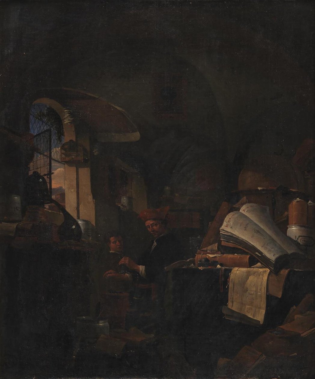 Een alchemist in zijn laboratorium door Thomas Wijck