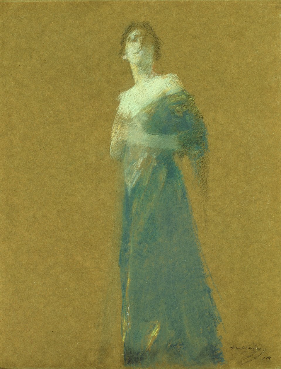 Vrouw in blauw door Thomas Wilmer Dewing