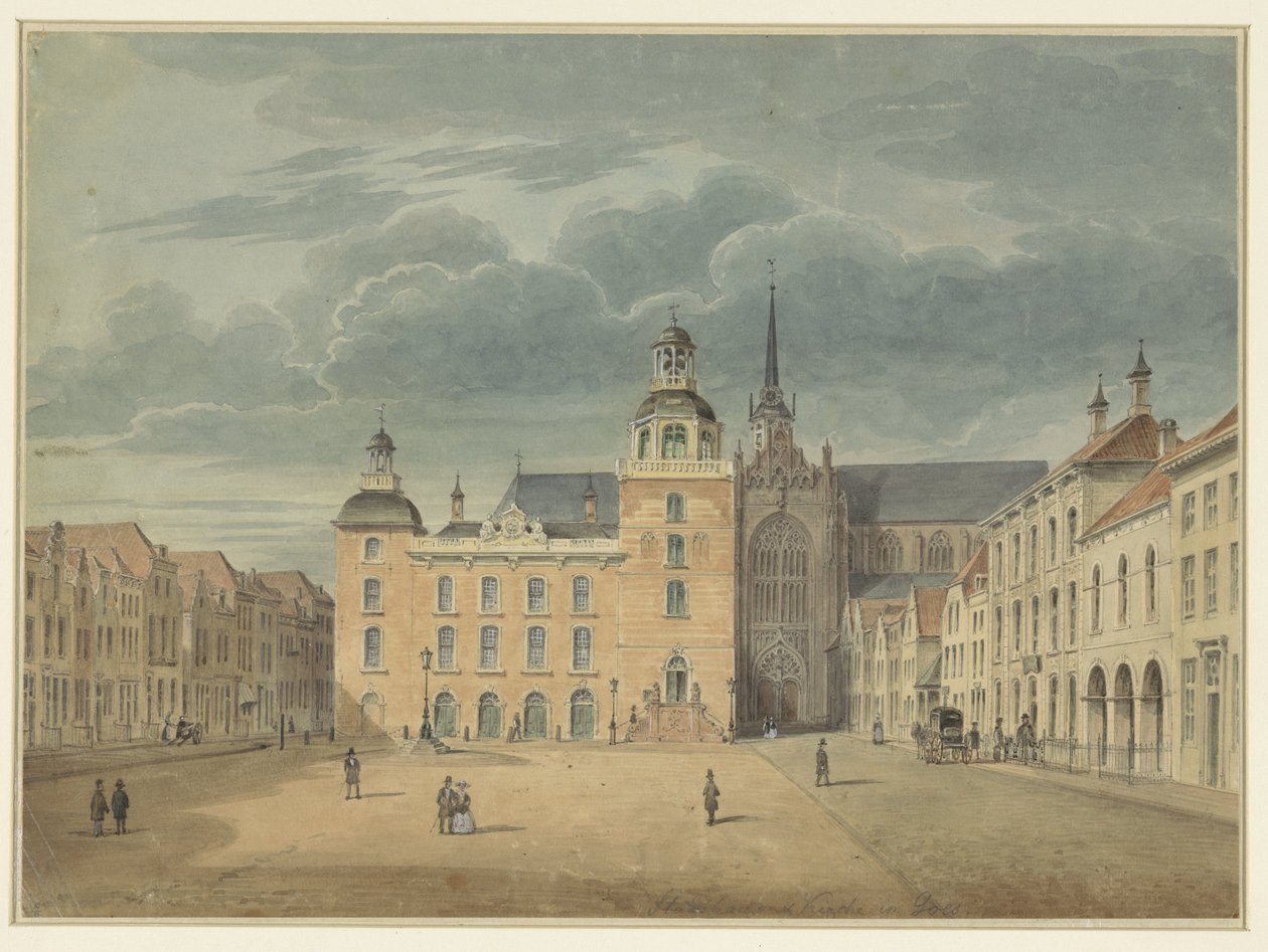 Stadhuis en kerk te Goes (Zeeland) door Théophile Schuler (possibly)