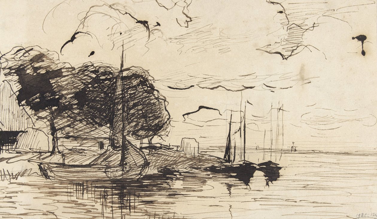Oever met boerenschuur en zeilschepen door Théophile de Bock (possibly)