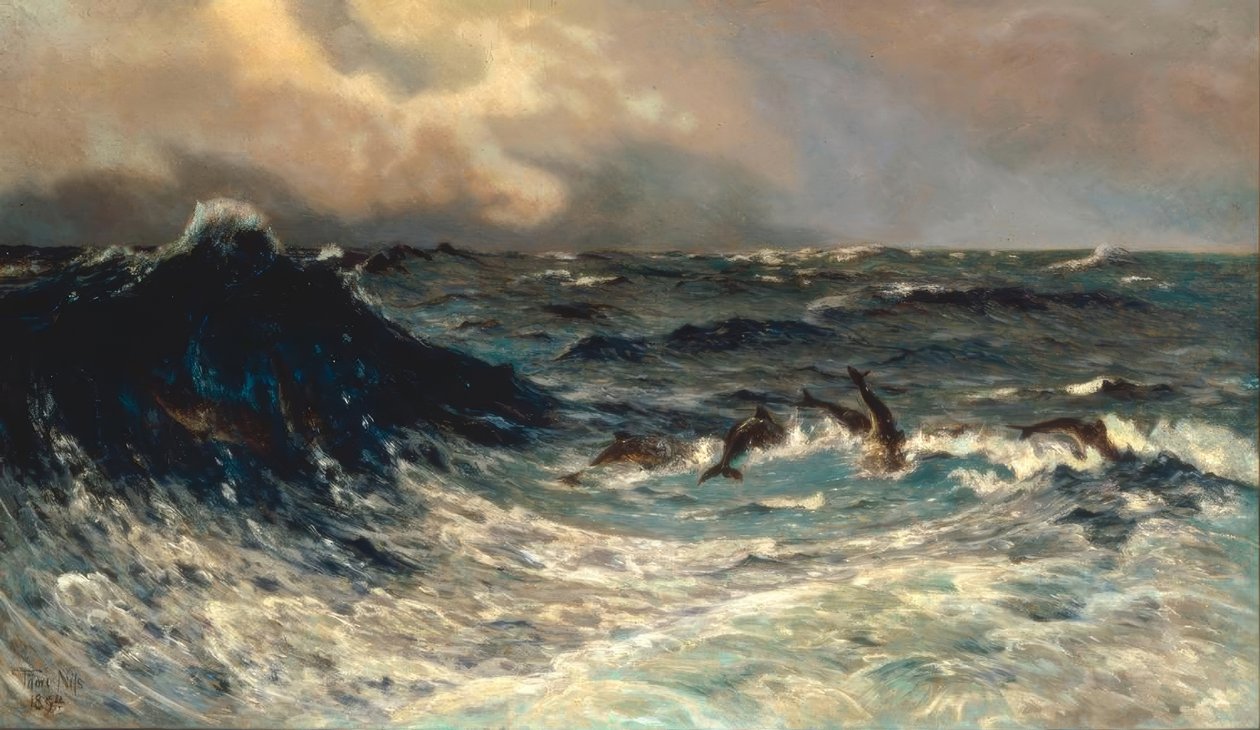 Beweegde zee met dolfijnen door Thorvald Niss