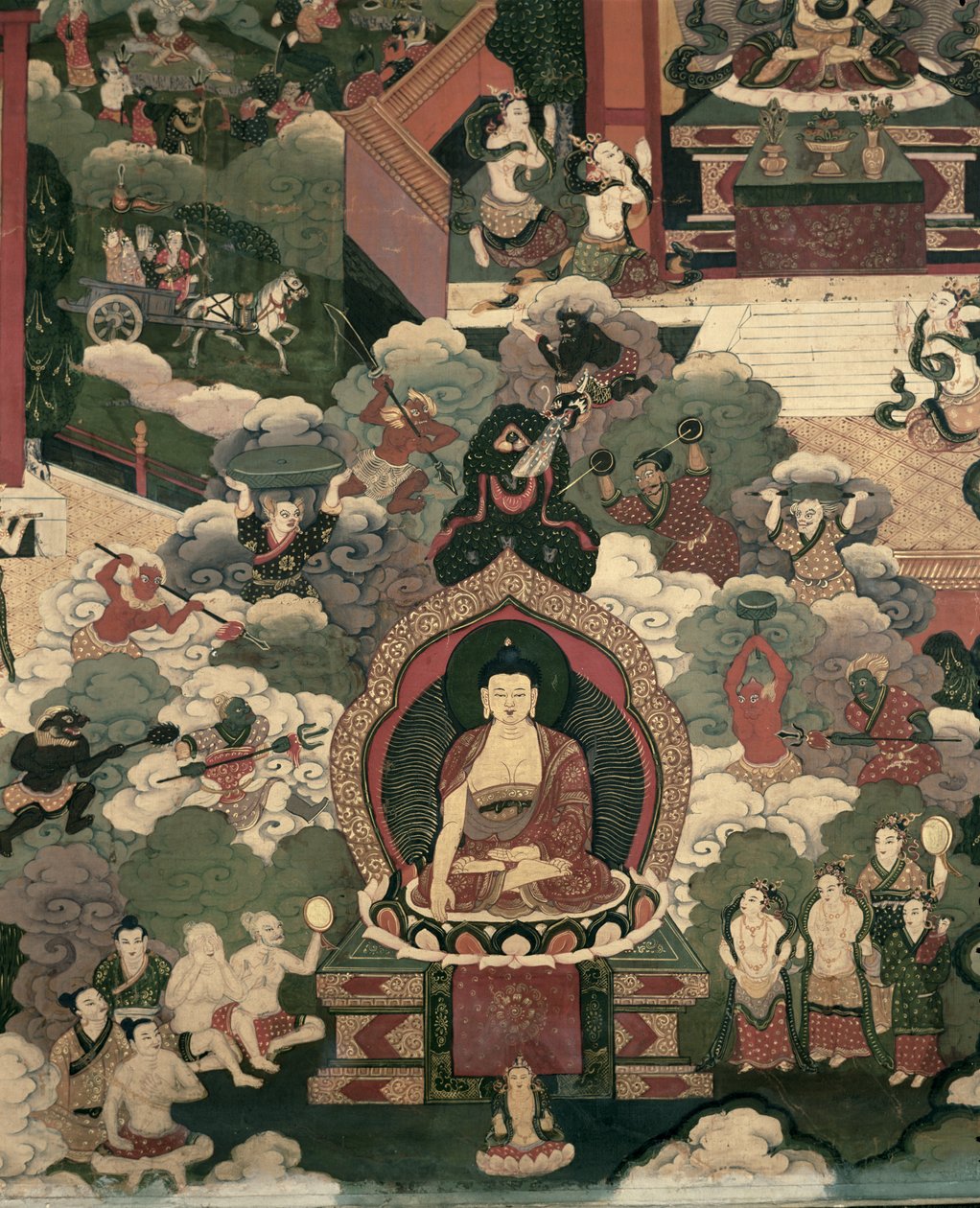 Leven van Boeddha Sakymuni, de legers van Mara die de gezegende aanvallen (schilderij op zijde) door Tibetan School
