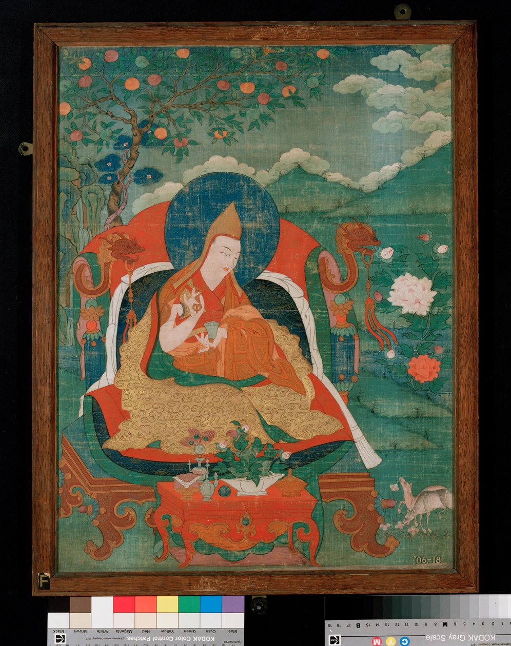 Thangka schilderij dat een Vader van de Gele Hoed sekte van het Lamaisme toont, Gelupga Lama, c.1700-1825 door Tibetan School