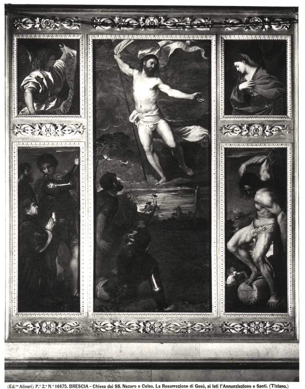 Averoldi Polyptiek met de Opstanding van Christus, de Aankondiging, SS Nazarius en Celsus met Averoldi en de Marteldood van Sebastian, 1522 door Tiziano Vecelli
