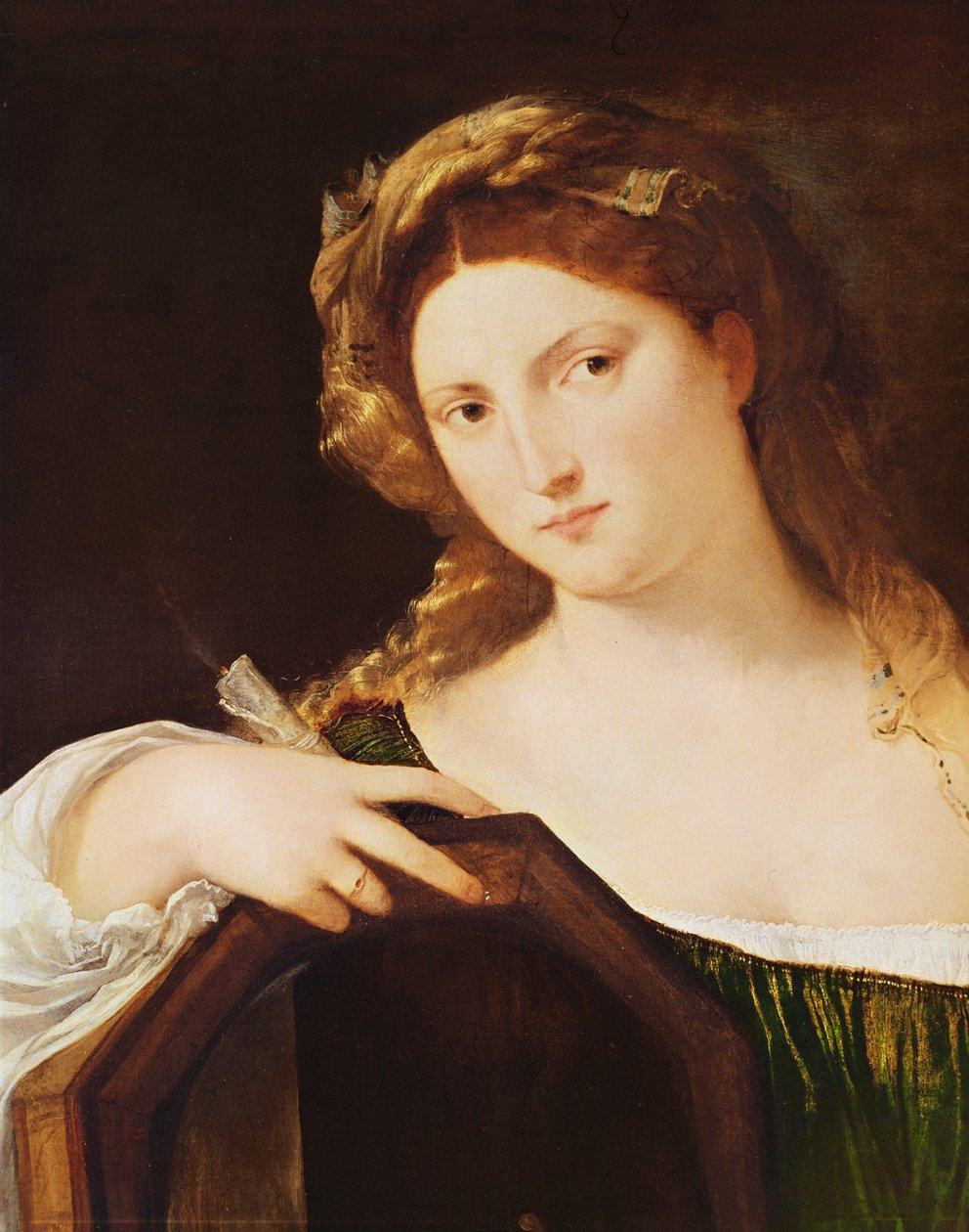 Detail van Allegorie van IJdelheid, of Jonge Vrouw met een Spiegel door Tiziano Vecelli