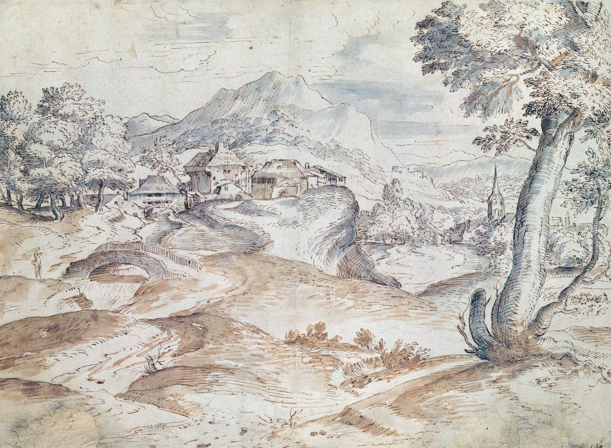 Bosrijk landschap met dorp en kerk door Tiziano Vecelli