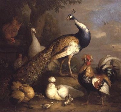 Pauw, pauwhen en pluimvee in een landschap door Tobias Stranover