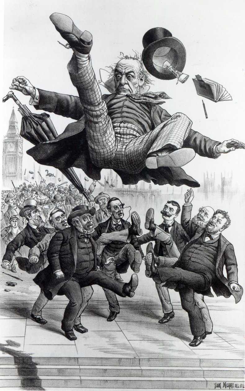 Gladstone wordt uit het parlement geschopt, ca. 1894 door Tom Merry