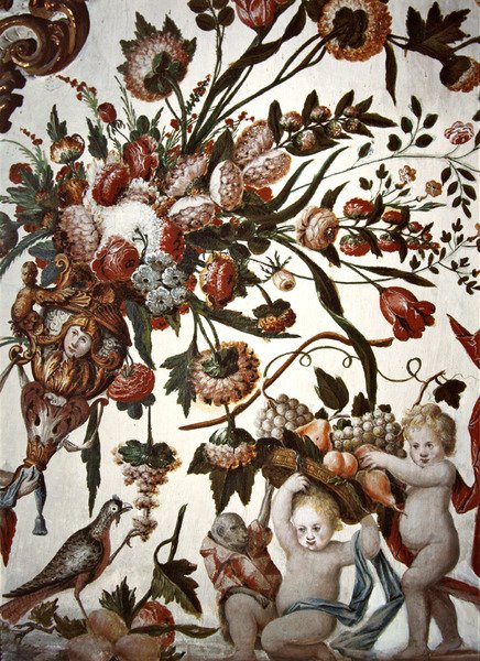 Decor met bloemen, putti en een vogel door Tomas Ferrer