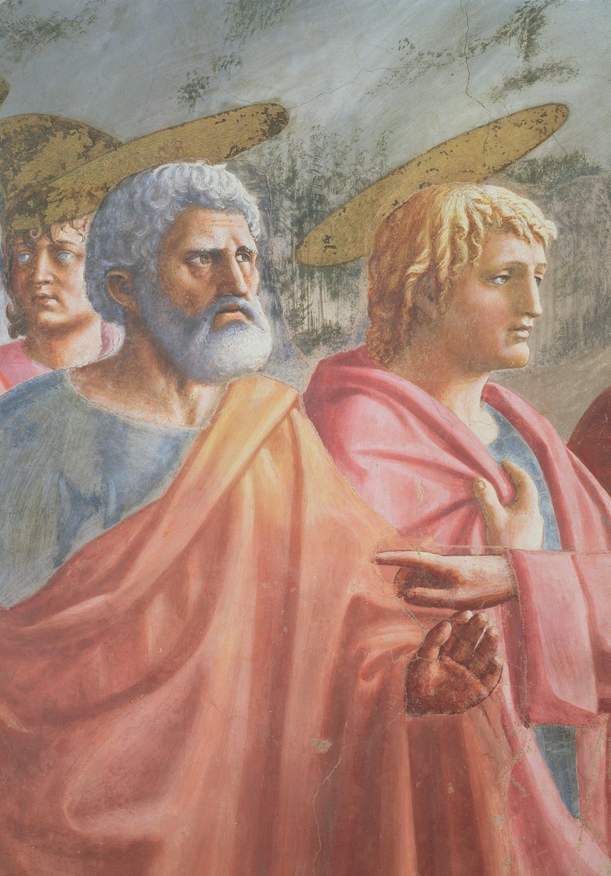 Tribuutgeld: St. Peter bevolen door Christus om een vis te vangen, ook St. Johannes de Evangelist, c.1427 door Tommaso Masaccio