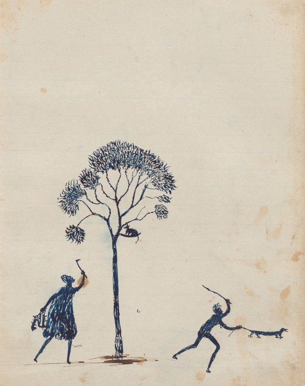 Kwatkwat-mensen - Possum- en goannajacht (schetsboek van activiteiten van Aboriginals en blanken) door Tommy McRae