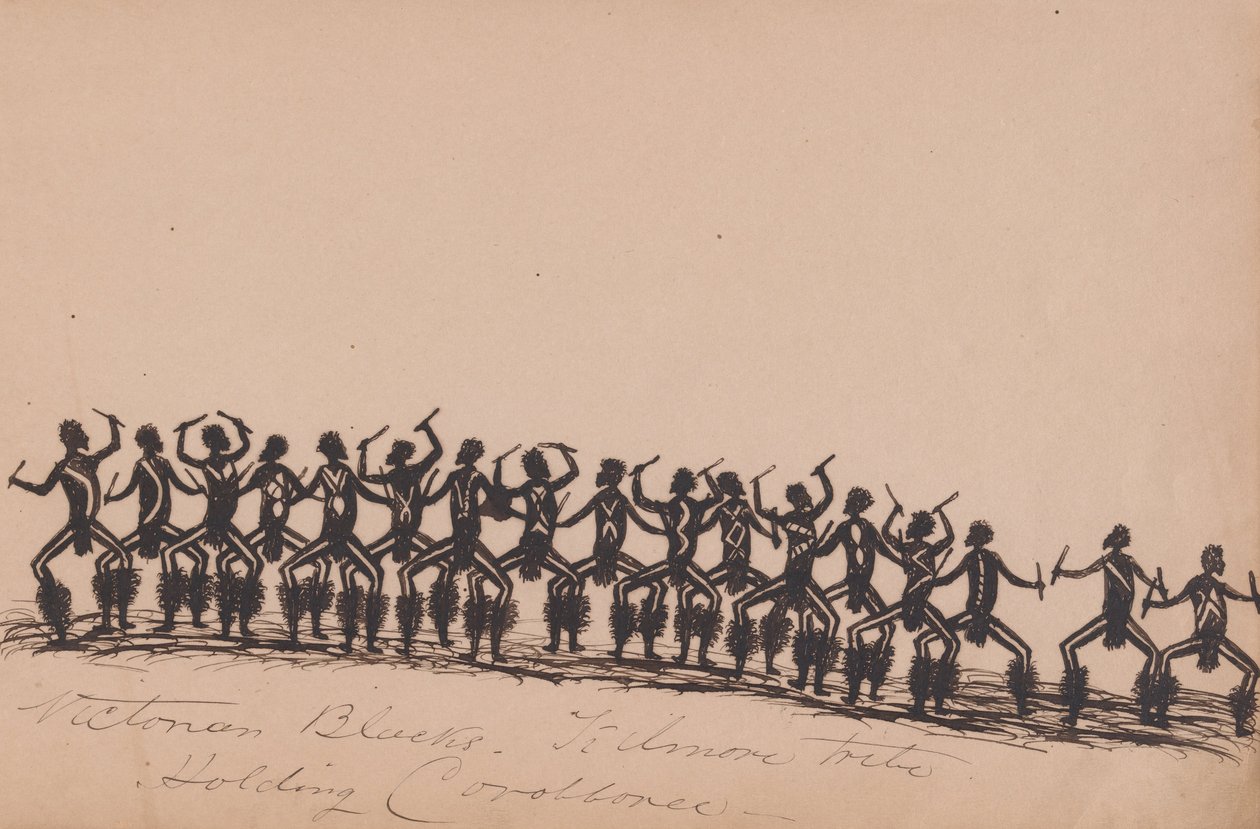 Kwatkwat-mensen - Zwarte mensen uit Victoria - Kilmore stam houdt corroboree (schetsboek van Aboriginal activiteiten) door Tommy McRae