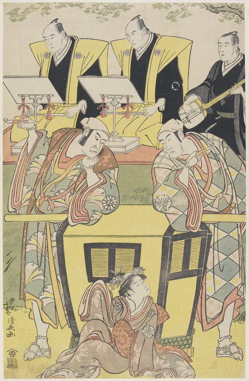 Scène uit The Shosa Modori kago iro ni aikata, 1788 door Torii Kiyonaga