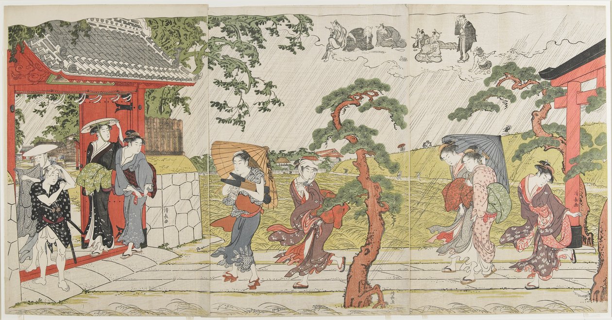 Plotselinge regenbui bij het Mimeguri-heiligdom, 1787 door Torii Kiyonaga