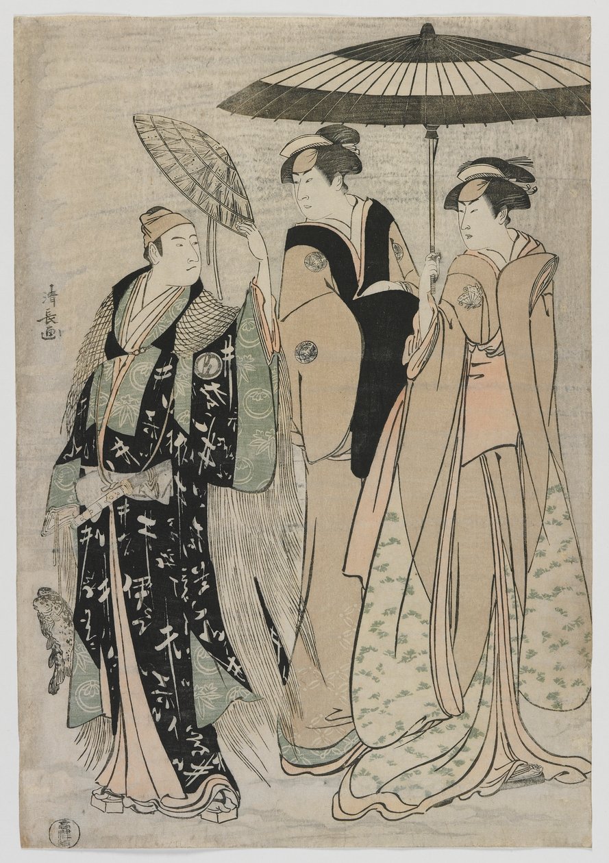 De acteurs Sujuro III als Minamoto no Yoritomo, Nakamura Riko als Kiyotaki, Yamashita Mangiku als Masa, Edo-periode, 1784 door Torii Kiyonaga