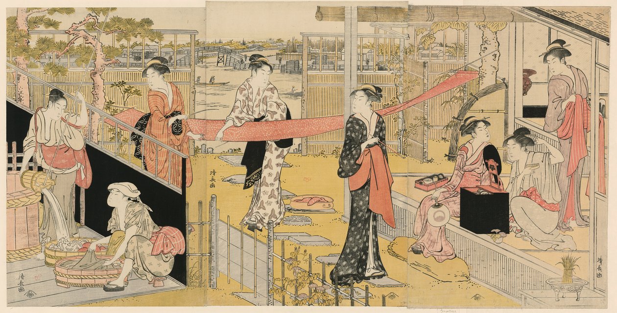 Vrouwen die kleren wassen door Torii Kiyonaga