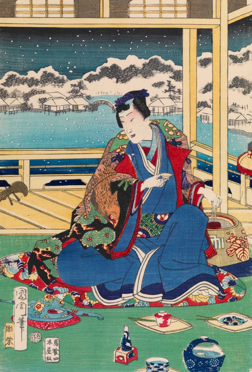 Genji bekijkt sneeuw vanaf een balkon door Toyohara Kunichika