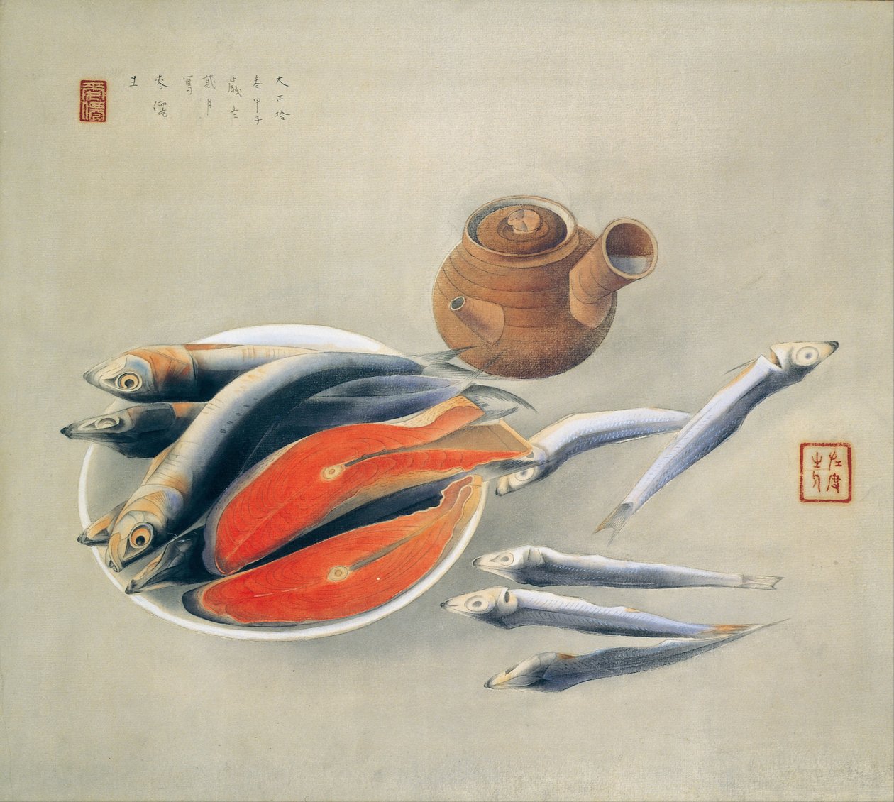 Stilleven. Zalmstukken en sardines, 1924 door Tsuchida Bakusen