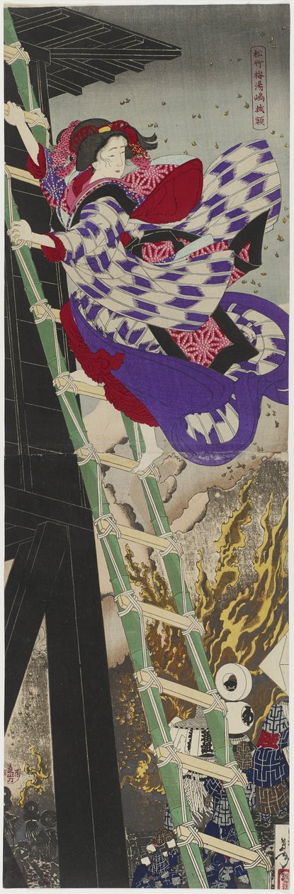 Pijnboom, Bamboe en Pruim: het Ingelijste Schilderij in Yushima, 1885 door Tsukioka Yoshitoshi