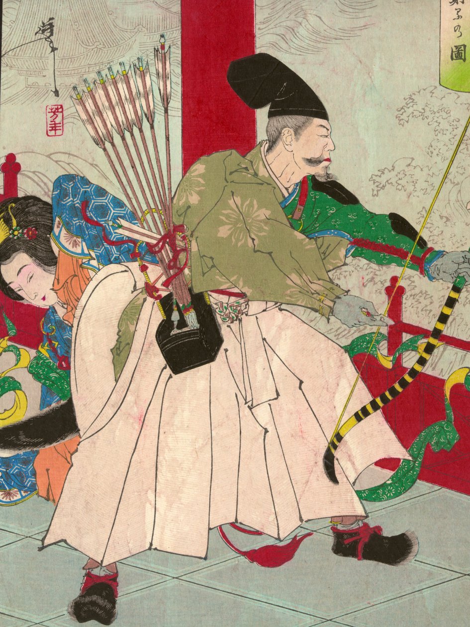 Watanabe no Tsuna, met boog en pijlen, in het paleis van de demon Ibaraki door Tsukioka Yoshitoshi