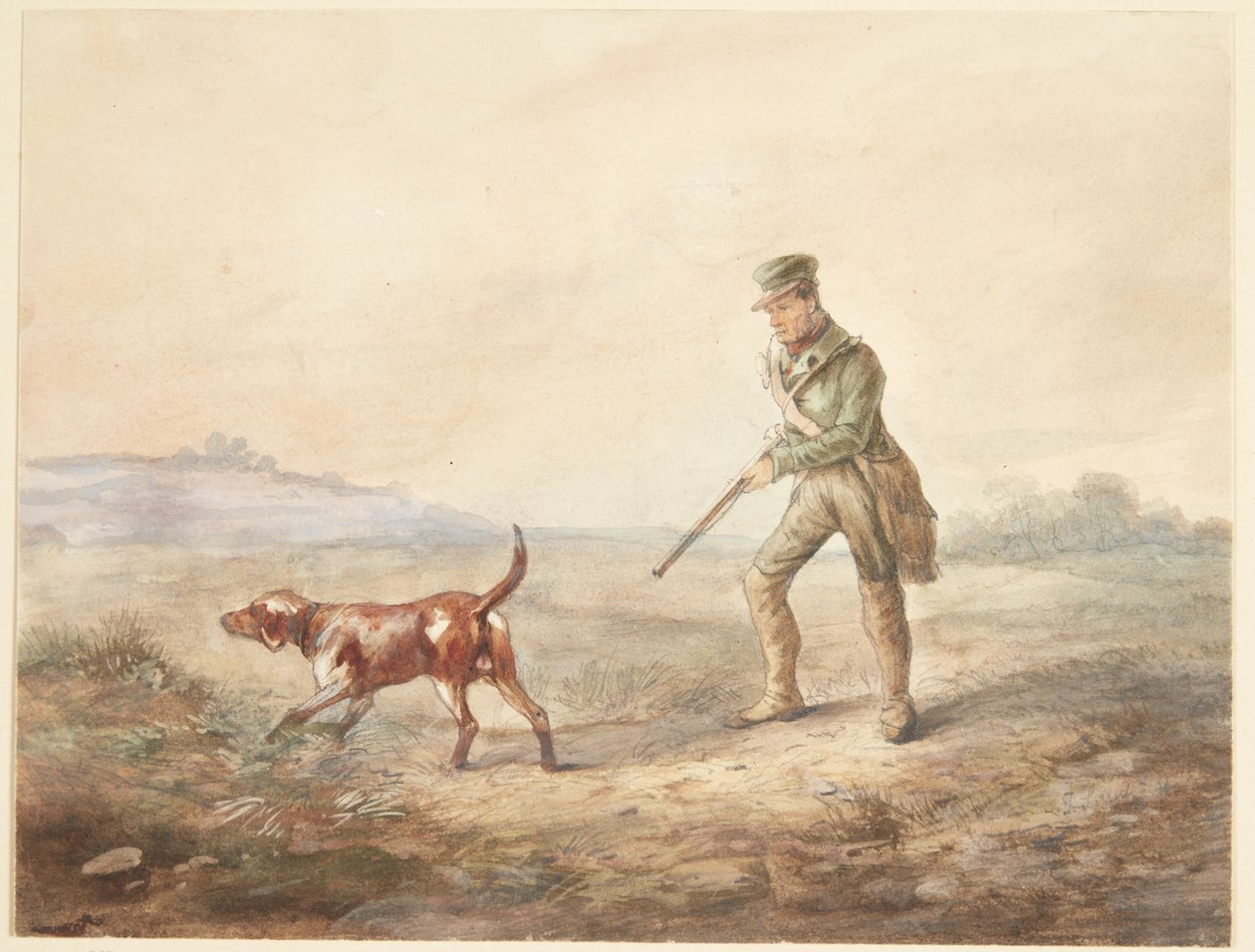Landschap met een jager en zijn hond door Ubekendt