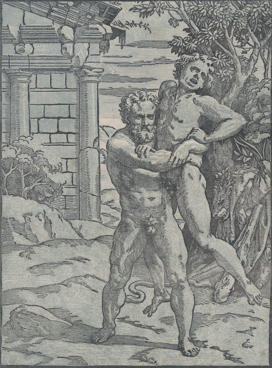 Hercules en Antaeus, ca. 1517-18 door Ugo da Carpi