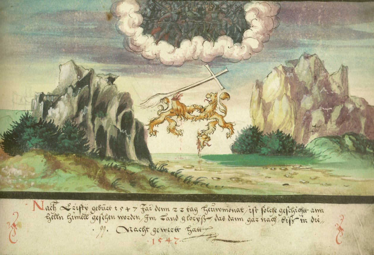 Augsburger Wunderzeichenbuch — Folio 157- Hemelgevecht, leeuwen boven Glarus door Unbekannt Unbekannt