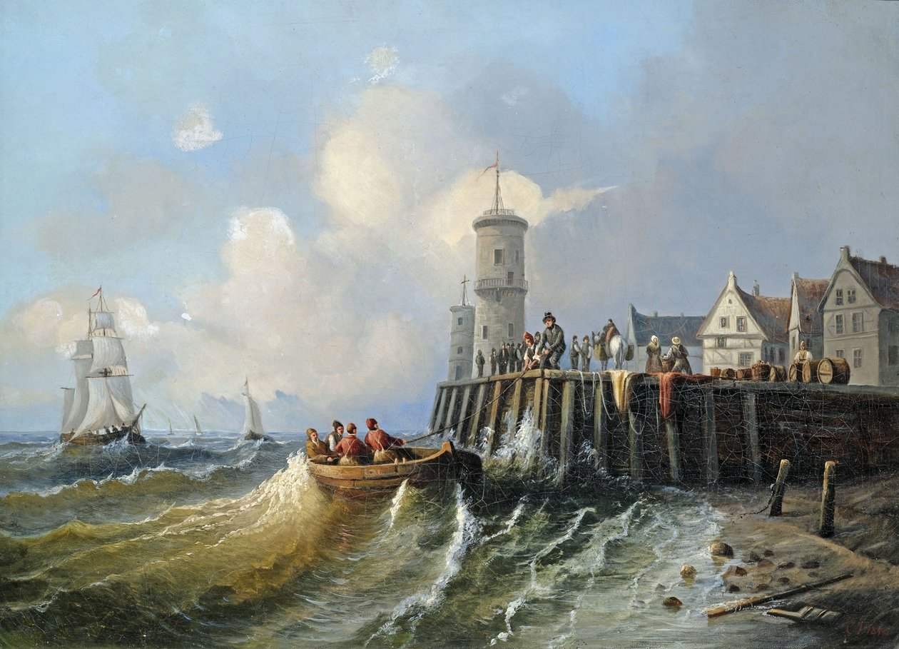 Inscheping van een boot bij de havenmuur door Unbekannt Unbekannt