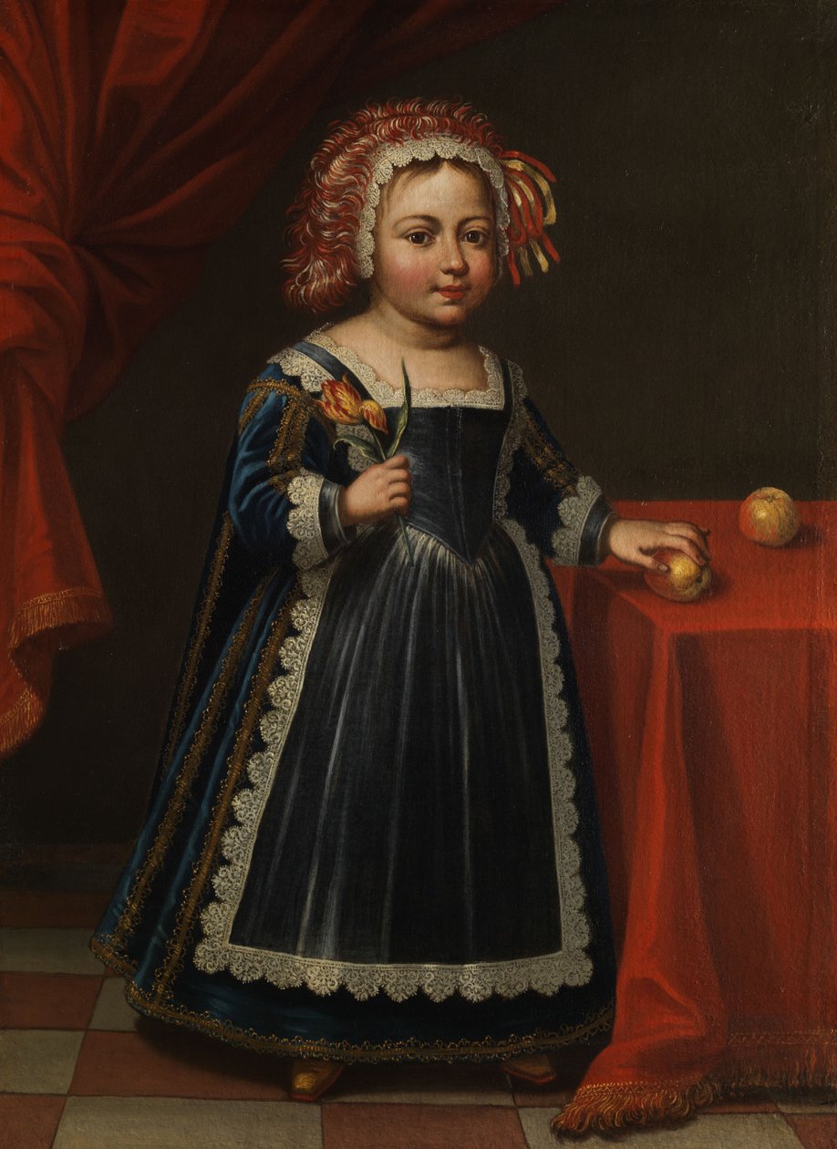 Portret van een kind met tulp en appel door Unbekannt Unbekannt