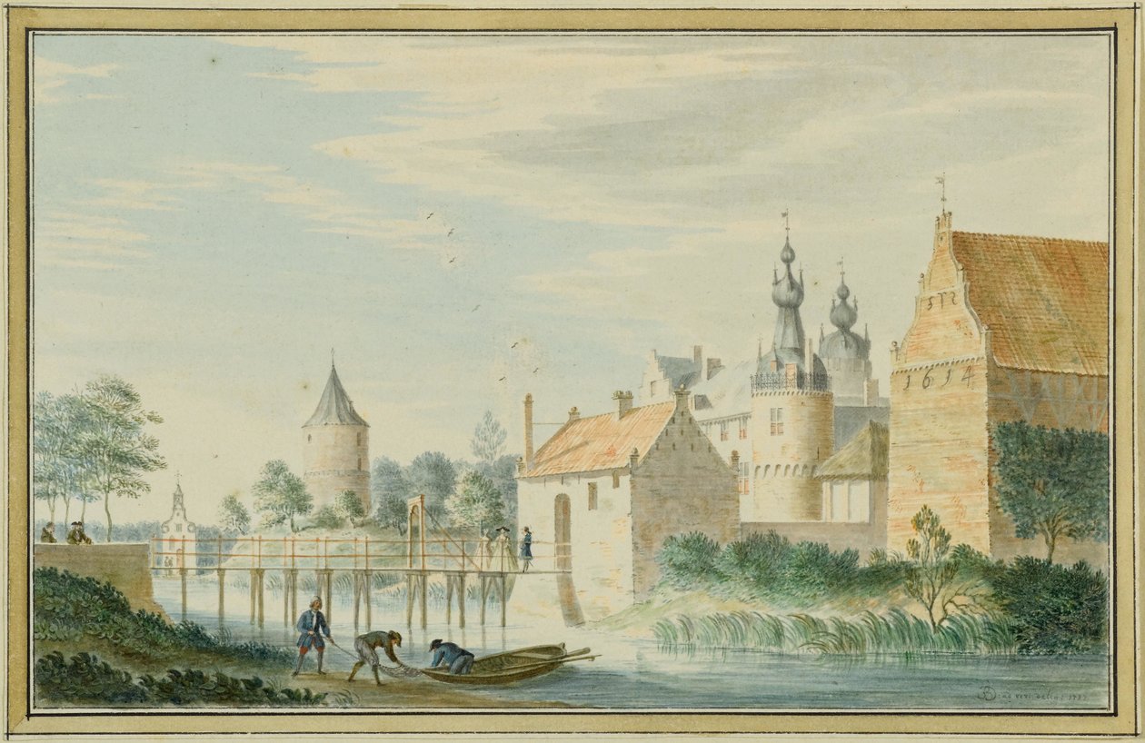 Kasteelcomplex aan een rivier door Unbekannt Unbekannt
