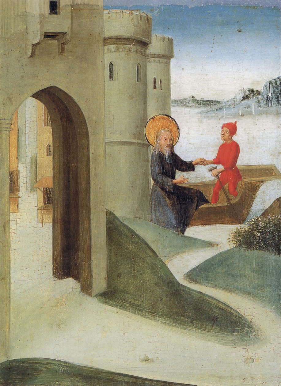 Weingartener Heilig-Blut-Tafel van 1489. Landesmuseum Württemberg, Stuttgart. Tafel 4: Longinus verlaat Jeruzalem en vaart op een schip naar Italië door Unbekannt Unbekannt