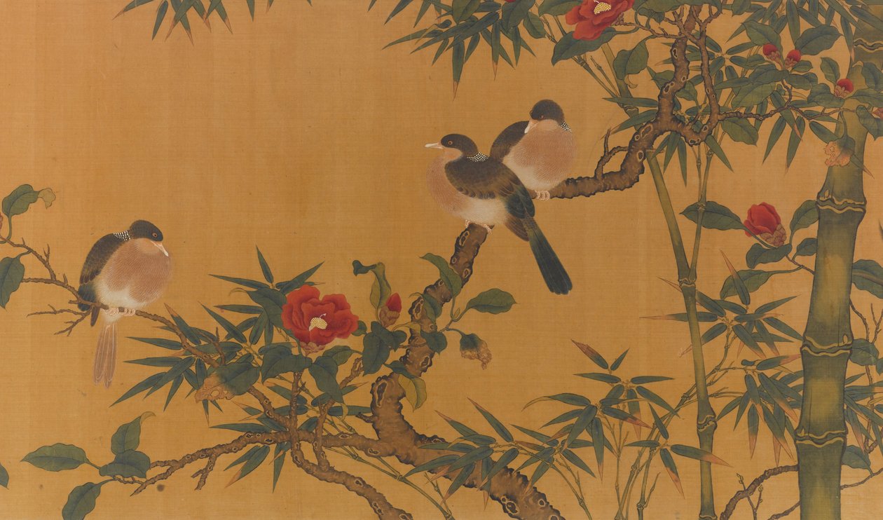 Vogels, bamboe en camelia