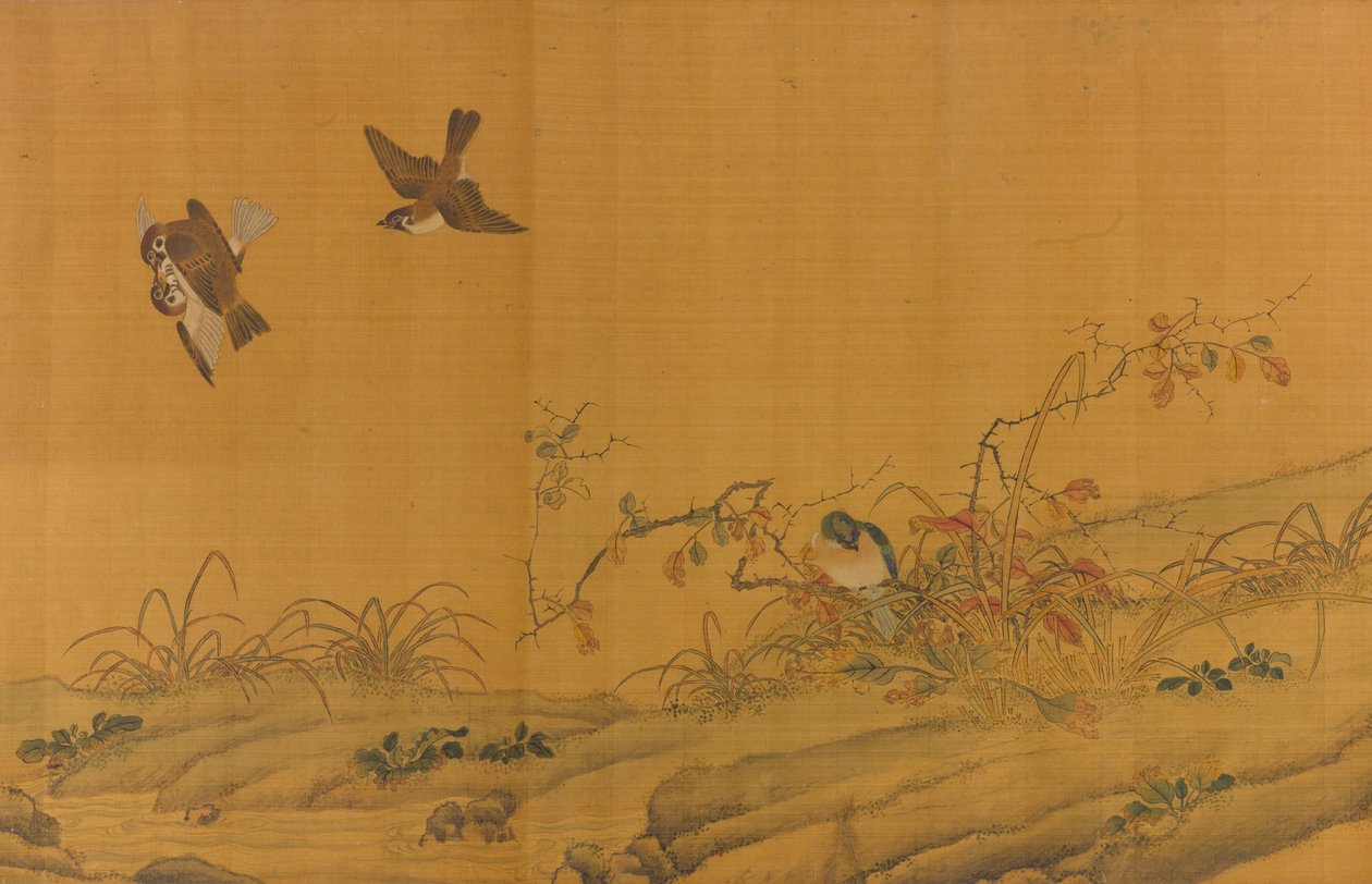 Landschap met vogels, bessen, rozen en konijnen door Unbekannt Unbekannt