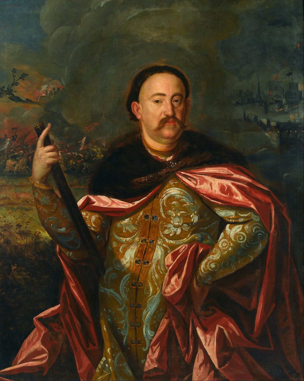 Portret van Jan III Sobieski met de slag op de achtergrond door Unbekannt Unbekannt