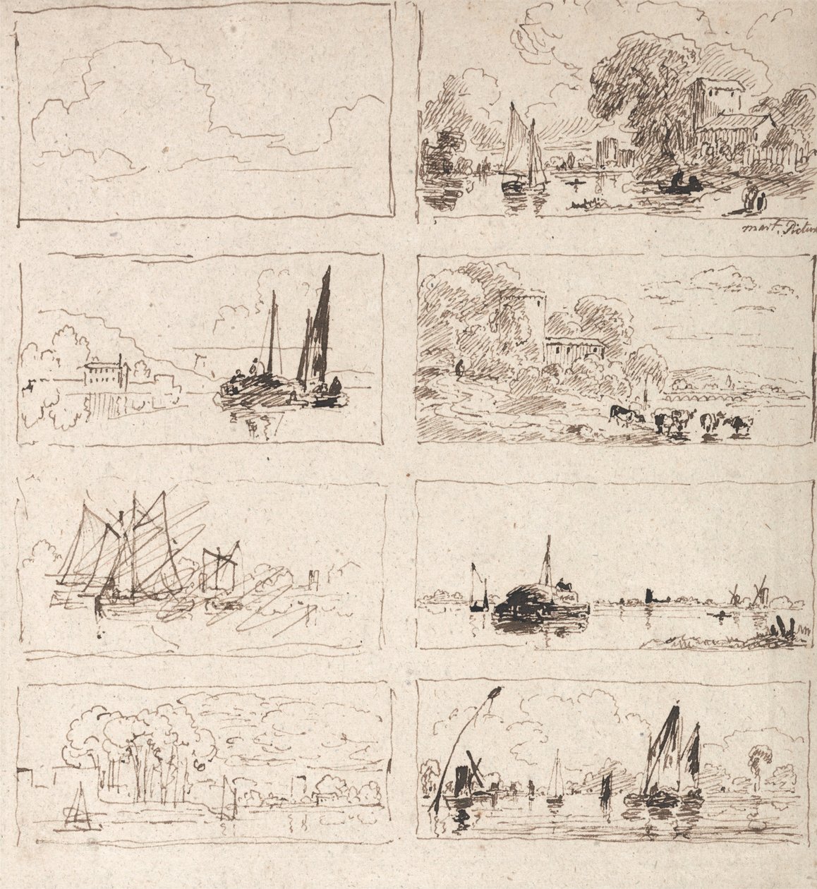 Blad met compositiestudies van rivierlandschappen door Unbekannt Unbekannt
