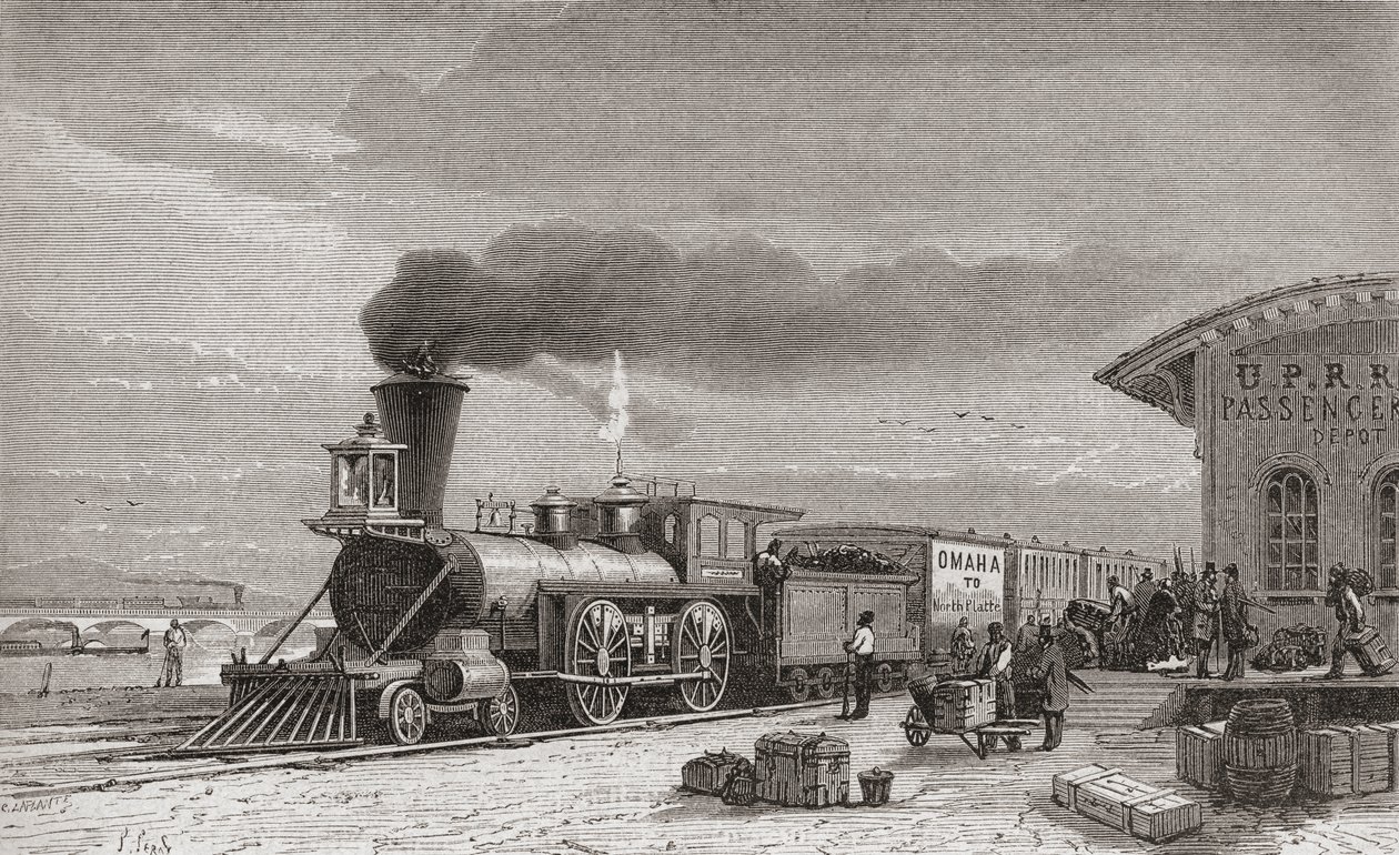 Het treinstation in Omaha, Nebraska, startpunt van de Pacific Railroad, zoals het was in 1867, illustratie uit 