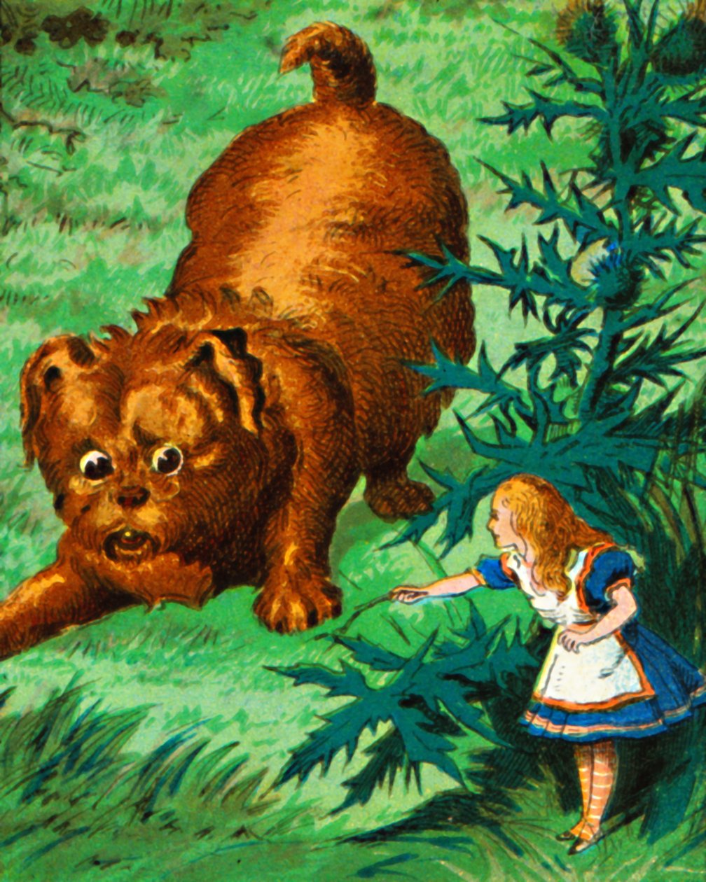 Alice ontmoet een zeer grote puppy, ca. 1900 door Unbekannt