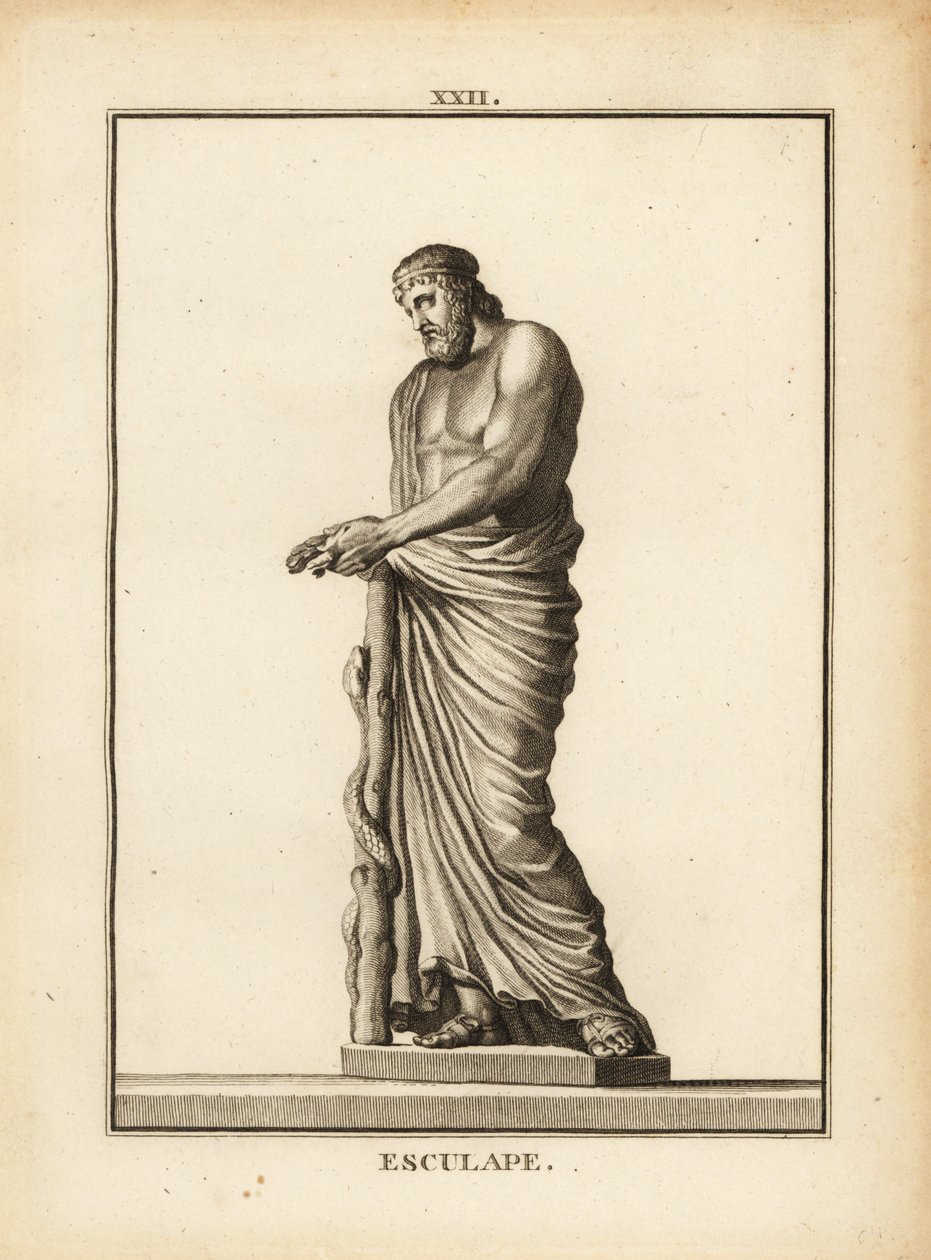 Asclepius, Griekse god van geneeskunde met slang-omwonden staf door Unbekannt