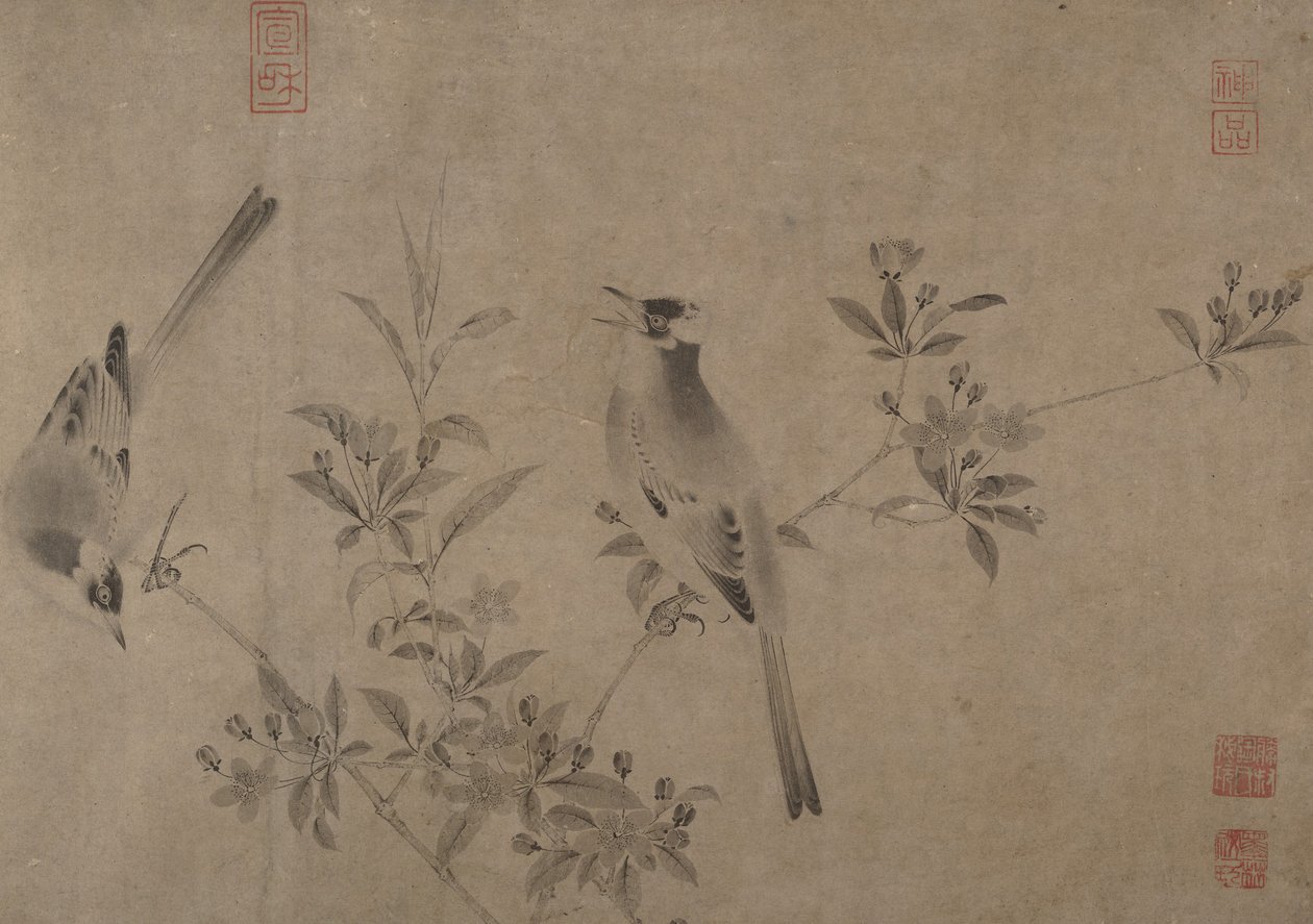 Chinese bulbuls op bloeiende kersappel door Unbekannt