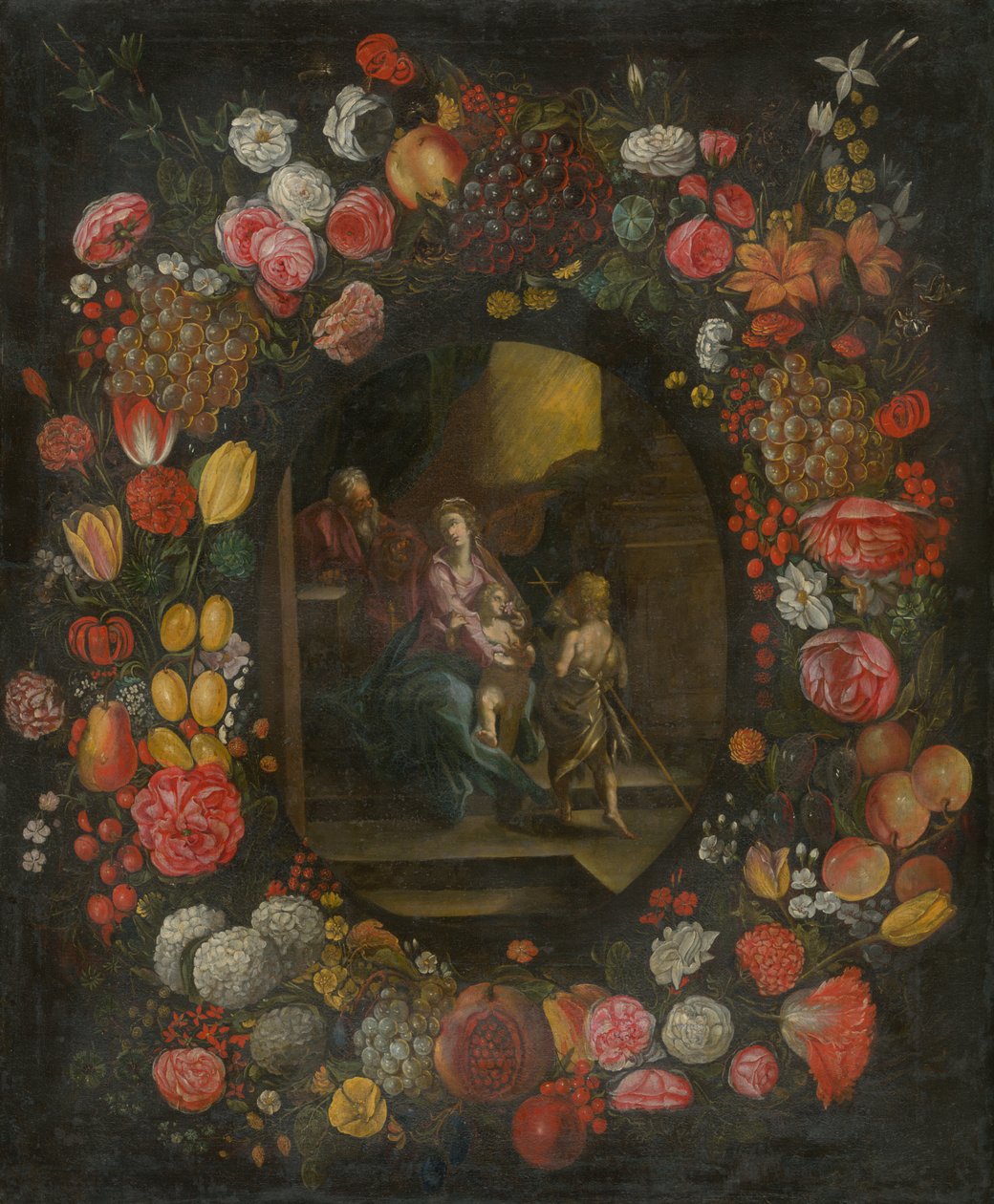 Familie in een bloemen- en fruitkrans door Unbekannt