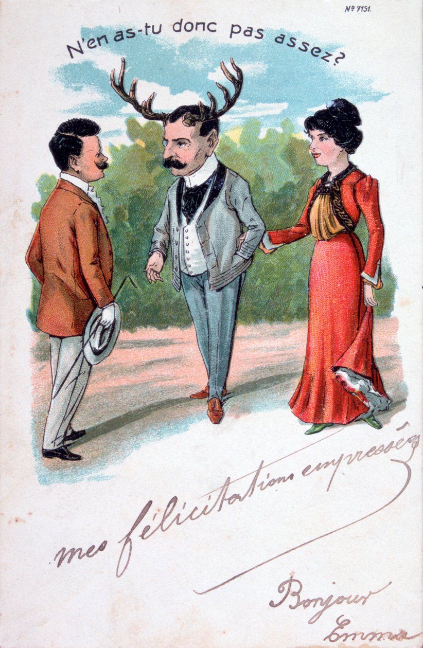 Franse overspel karikatuur ansichtkaart, ca. 1900 door Unbekannt