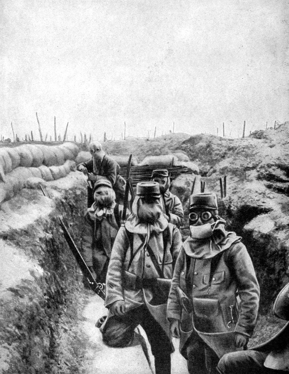 Franse soldaten in geïmproviseerde gasmaskers, 1915 door Unbekannt