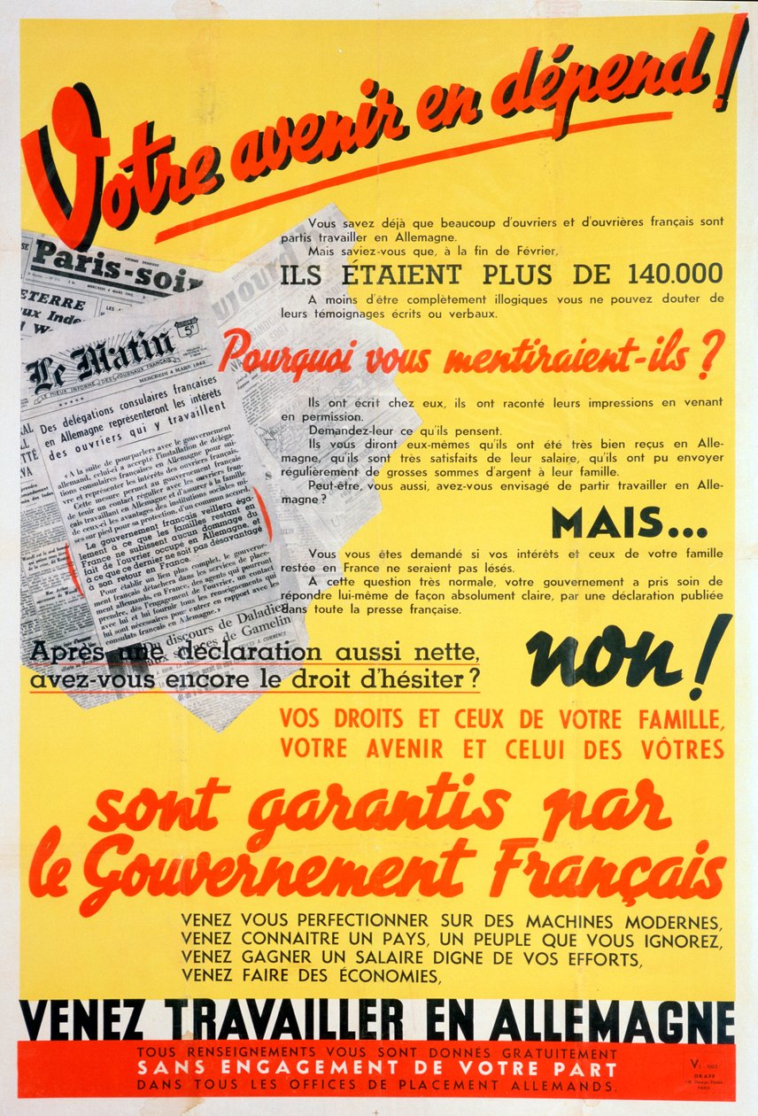 Franse arbeiders voor Duitsland poster, ca. 1942-ca. 1944 door Unbekannt