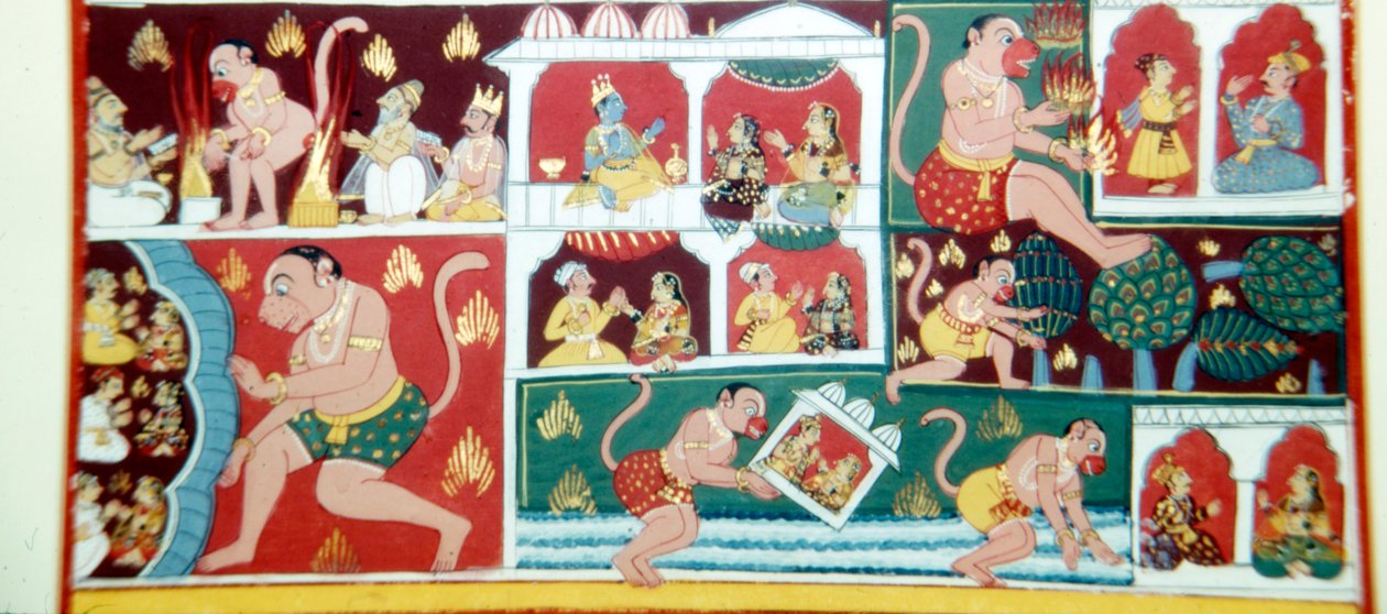 Hanuman, de apendemon, die onrust veroorzaakt onder mensen, ca. 1730 door Unbekannt