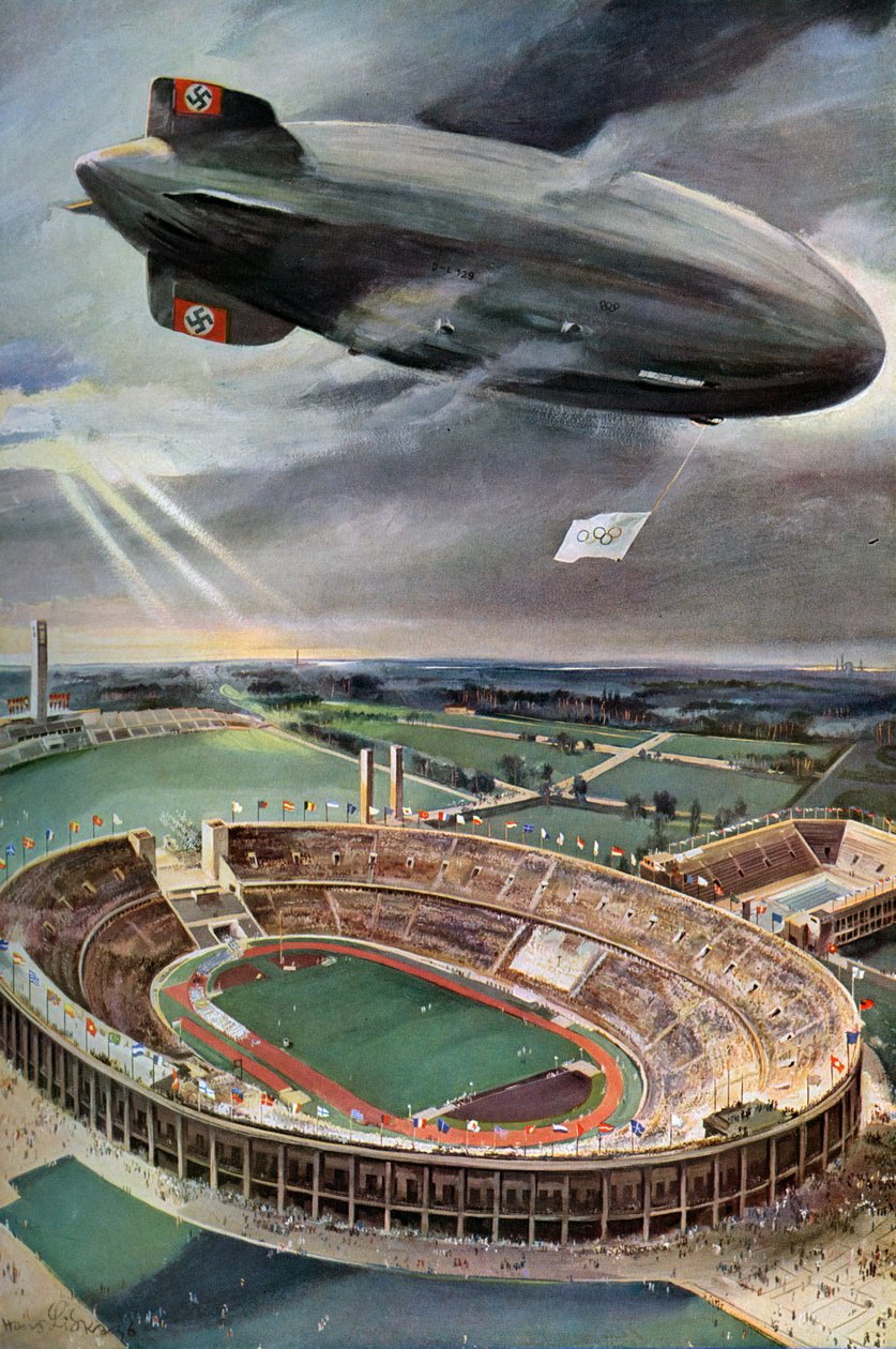 Hindenburg zeppelin boven het Olympisch Stadion, Berlijn, 1936 door Unbekannt