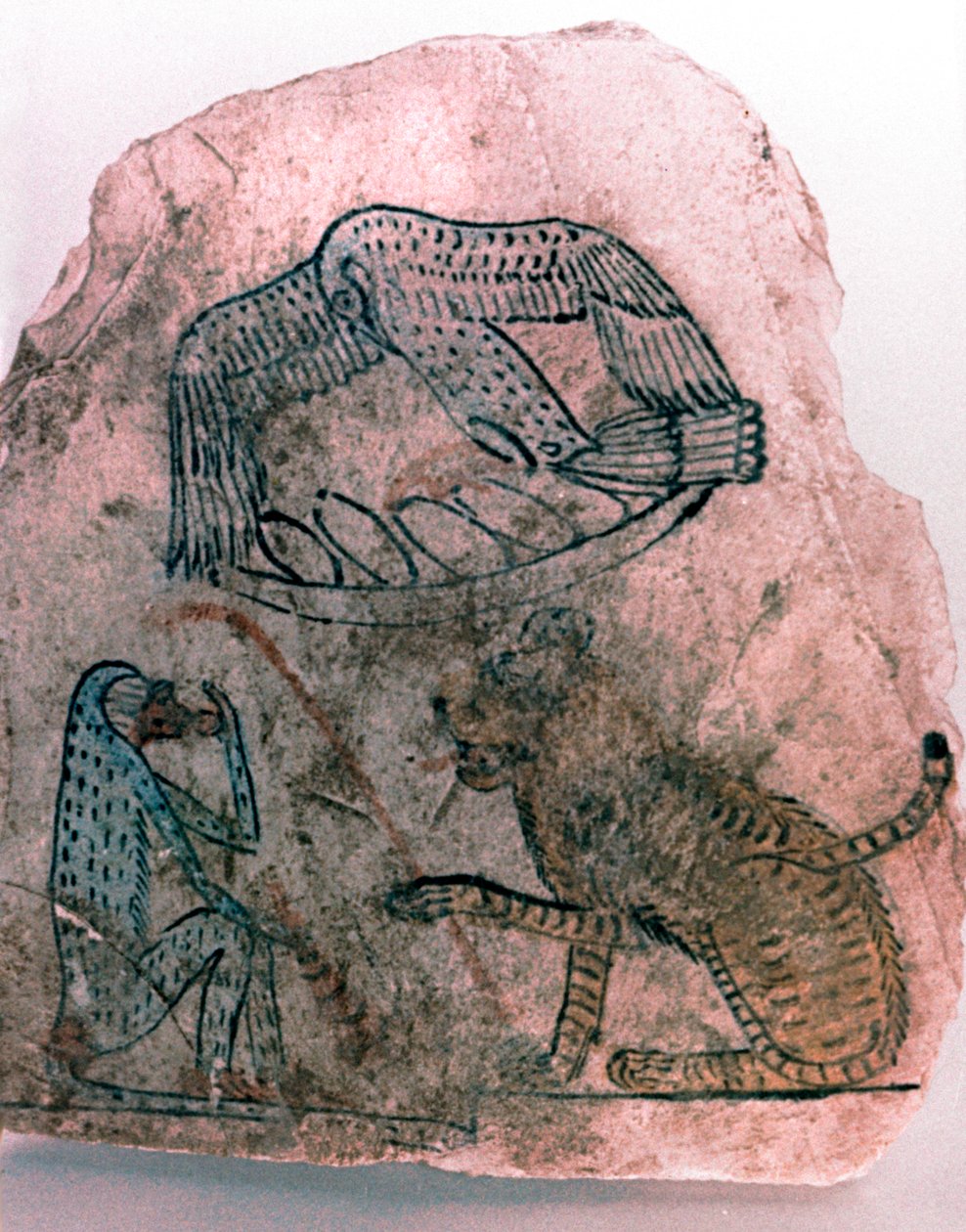 Ostracon Fragment, Cheetah, Vogel en Aap, Egypte door Unbekannt